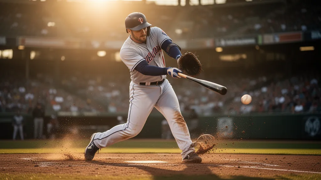 Baseball player swinging bat with intense focus during outdoor game with golden sunlight