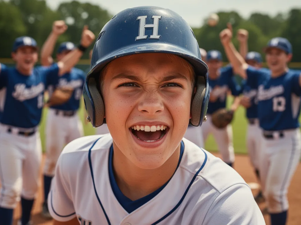 Young player's determined expression with celebrating teammates blurred in background