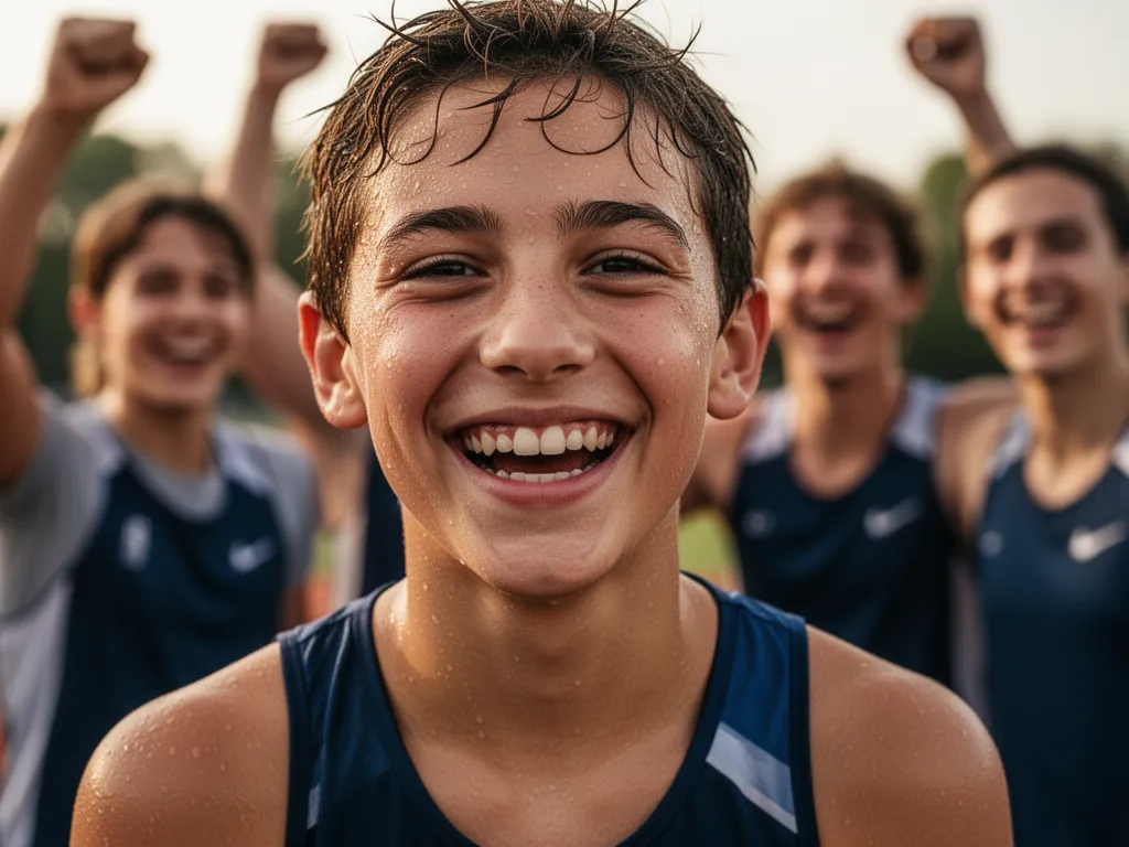 Young athlete's joyful expression after victory with celebrating teammates blurred in background