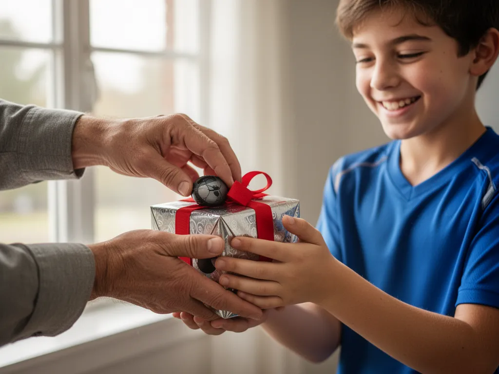 Parent's hands gifting sports equipment to grateful young athlete in warm indoor lighting