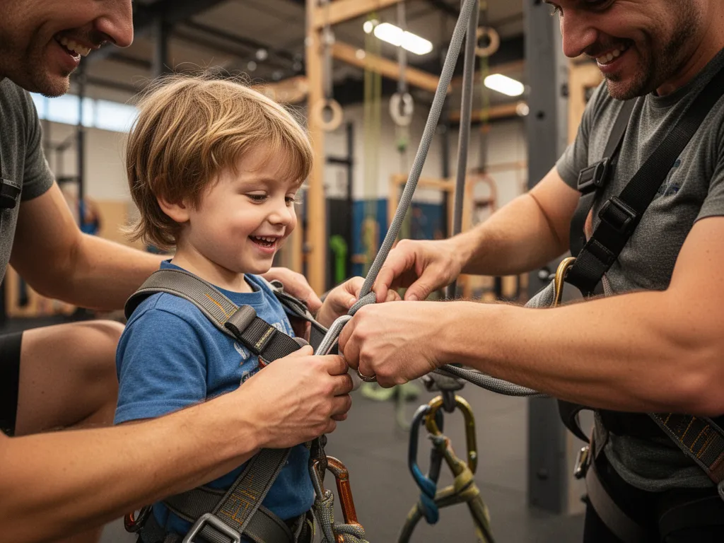 Parent and child bonding moment while preparing climbing gear together indoors