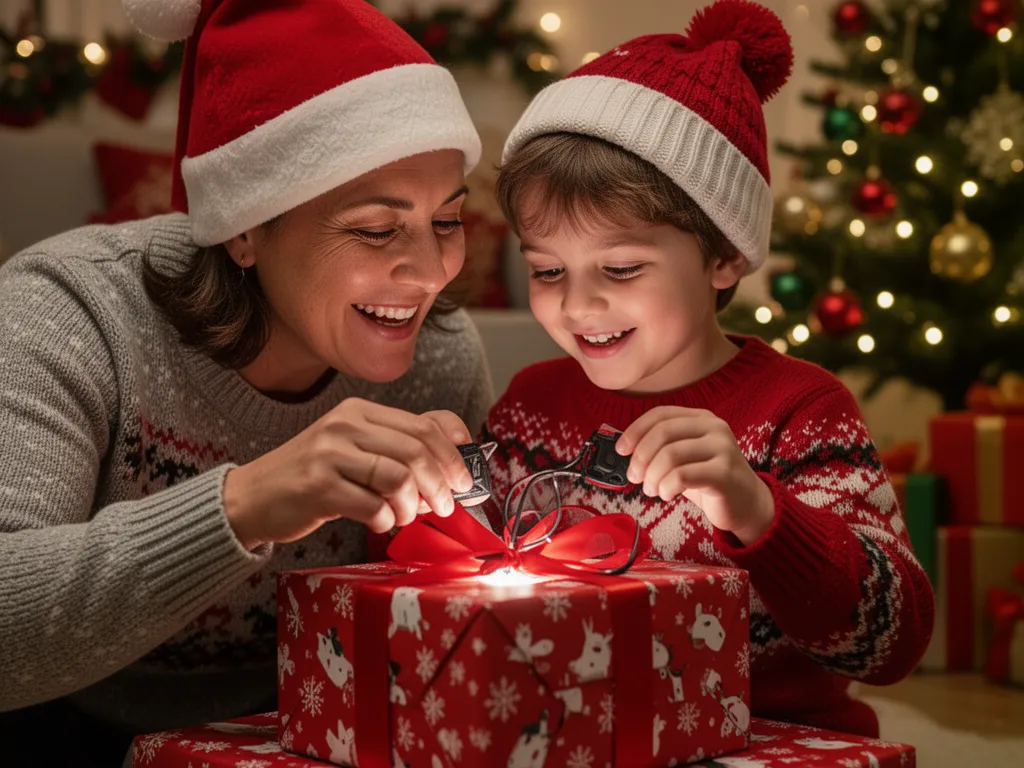Parent and child smiling while opening a sports gift package together during Christmas morning celebration