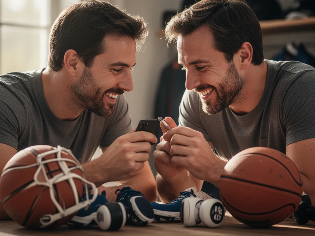 [Father and son sharing a moment together examining sports equipment with warm lighting]