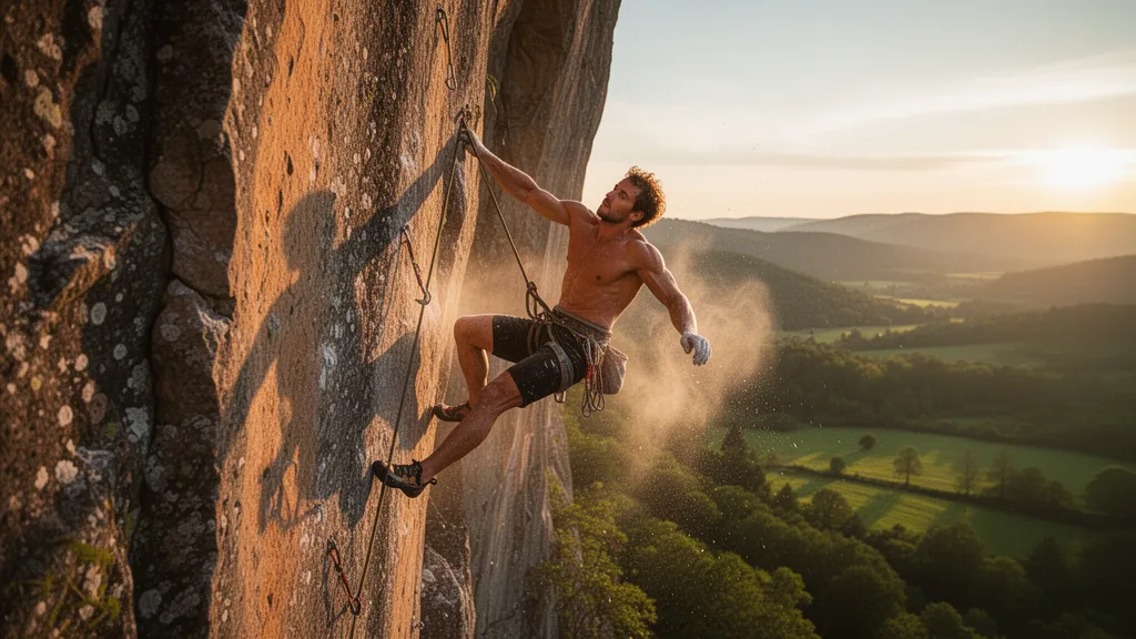Athletic rock climber ascending a rugged outdoor cliff face in golden sunlight with dynamic movement.
