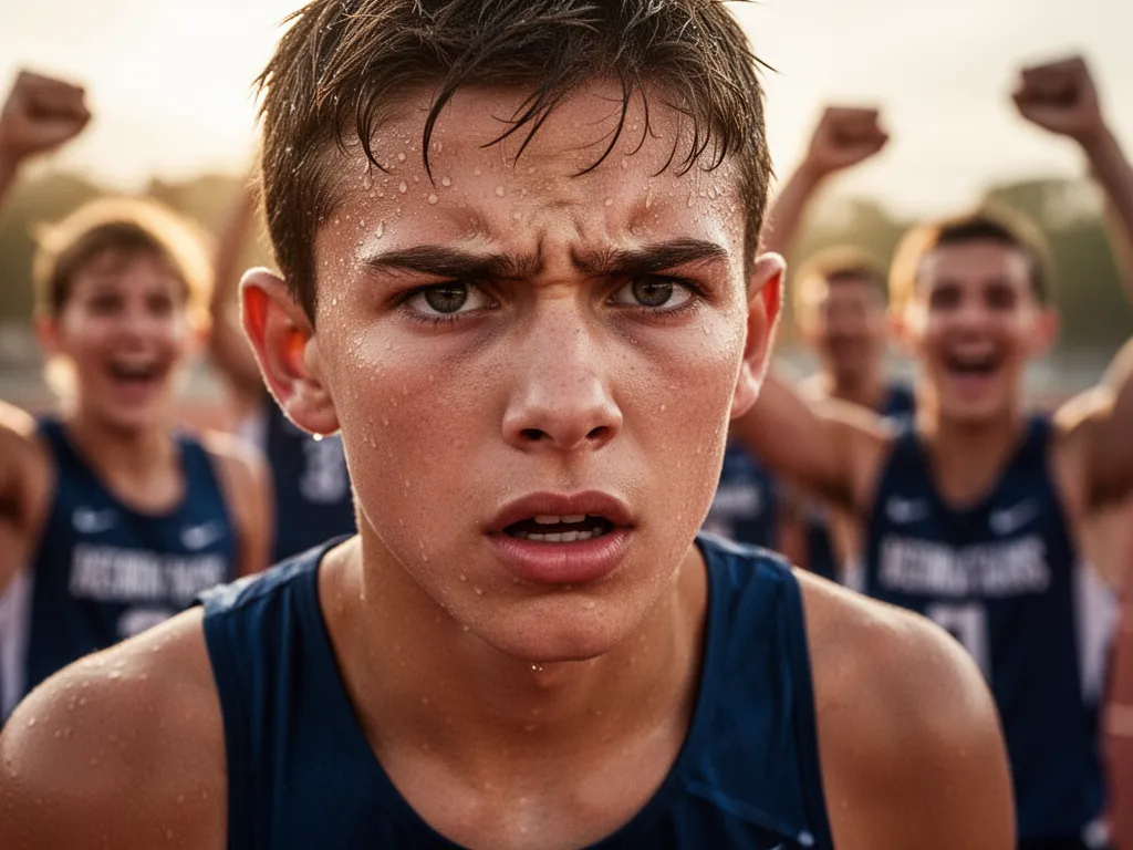 Close-up of young athlete's focused expression during competition with supportive teammates blurred behind