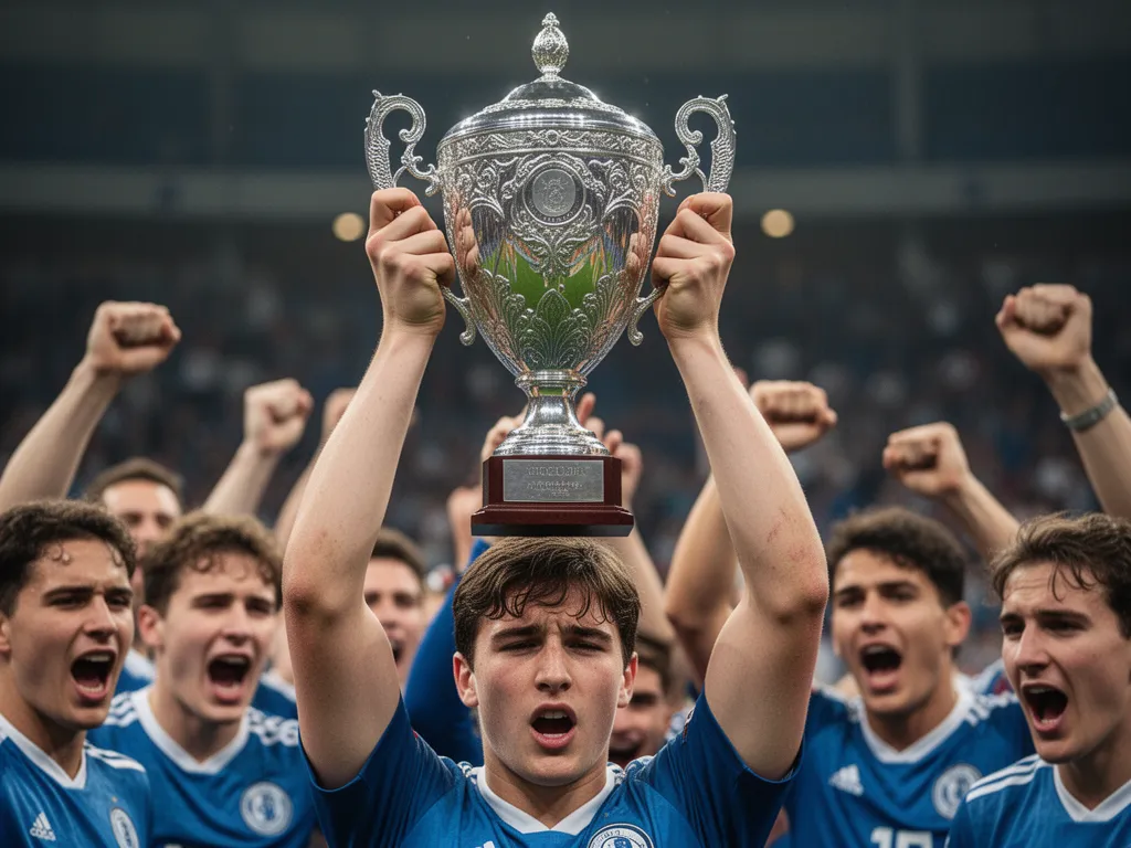 Young athlete lifting ornate trophy overhead while teammates celebrate in background