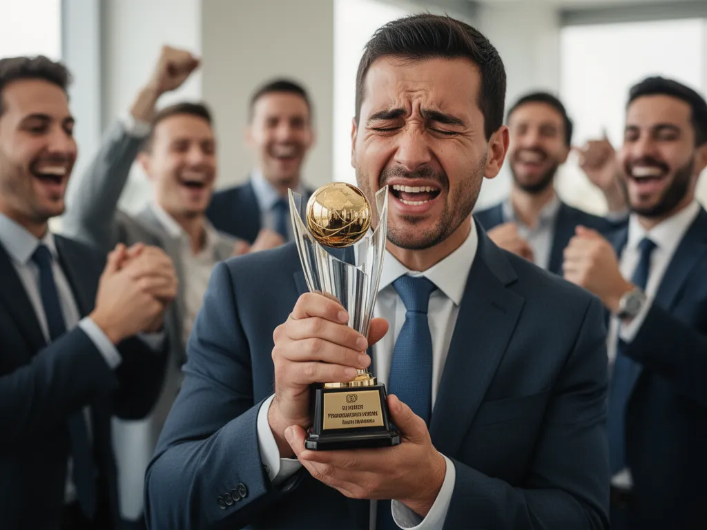 Award winner holding trophy with genuine emotion while teammates celebrate in blurred background