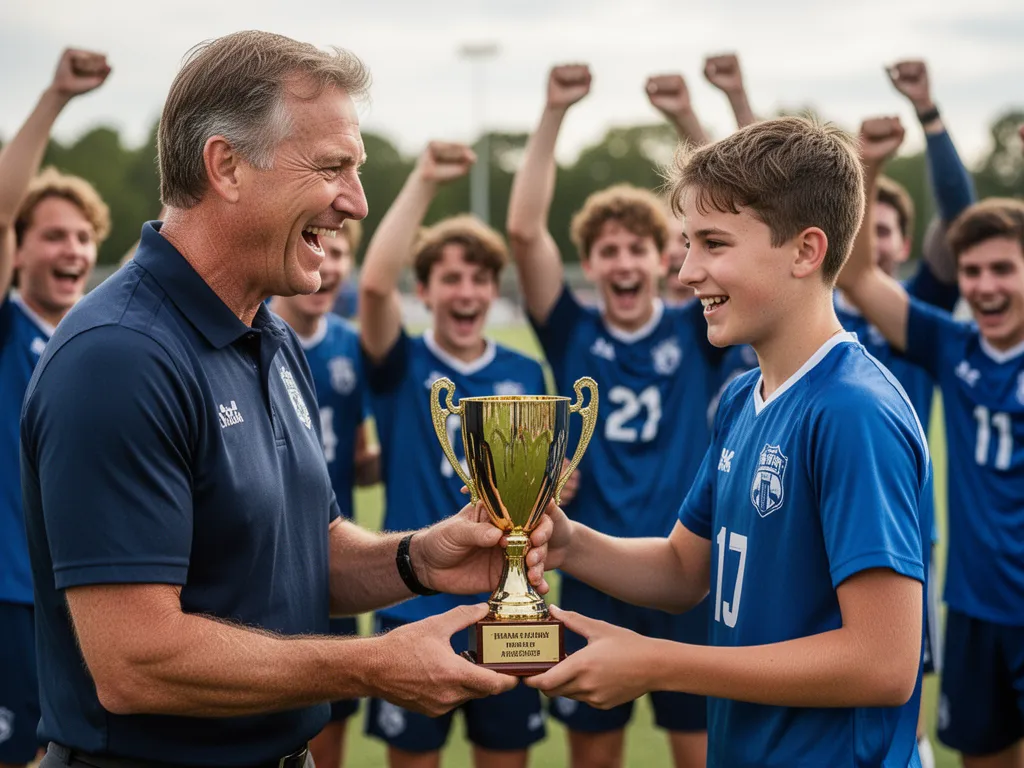 Coach presenting trophy to proud young athlete with celebrating teammates visible in the background outdoors