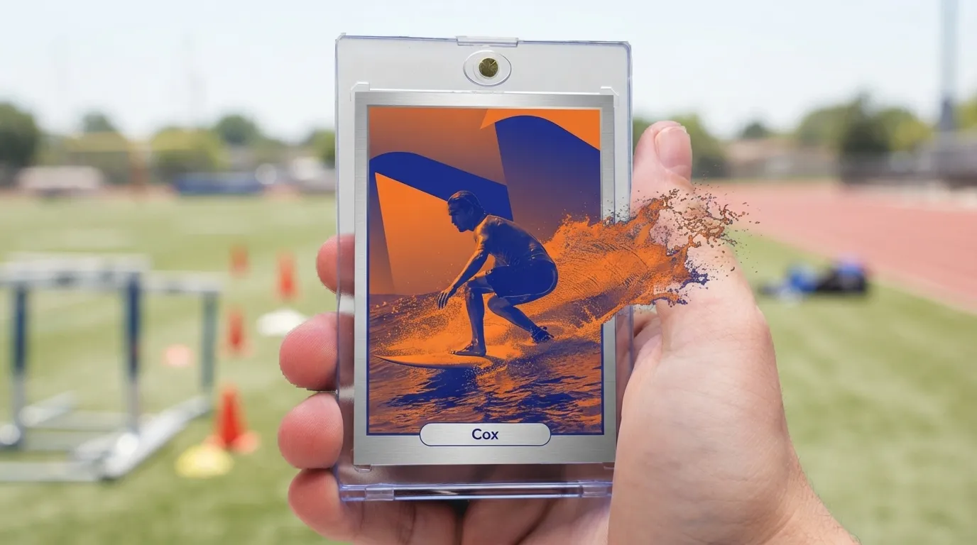 Hand holding magnetic case with duotone cox sports photography hawaii trading card of a surfer.