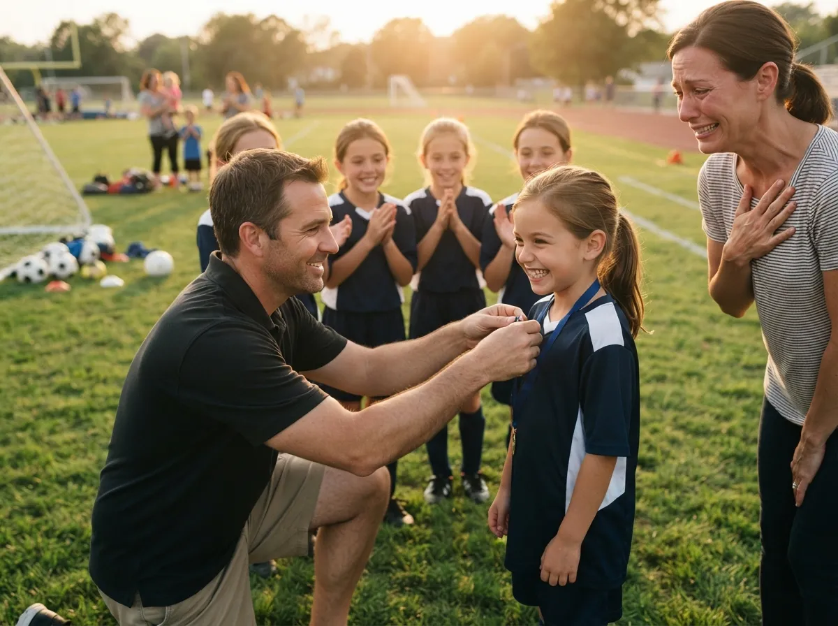 Coach kneeling with young athlete on field as proud parent and team celebrate nearby.