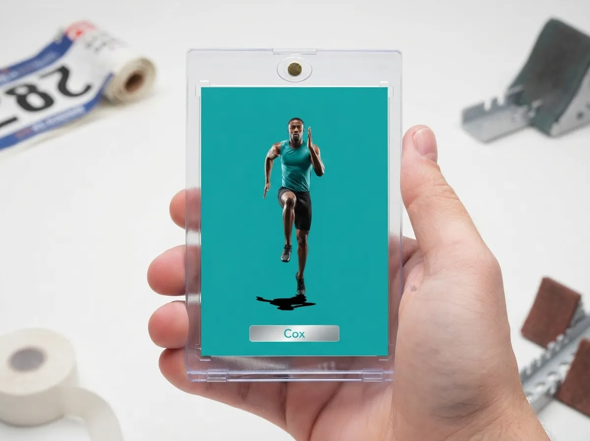 Custom sports trading card of a sprinter in magnetic case, clean teal editorial design.