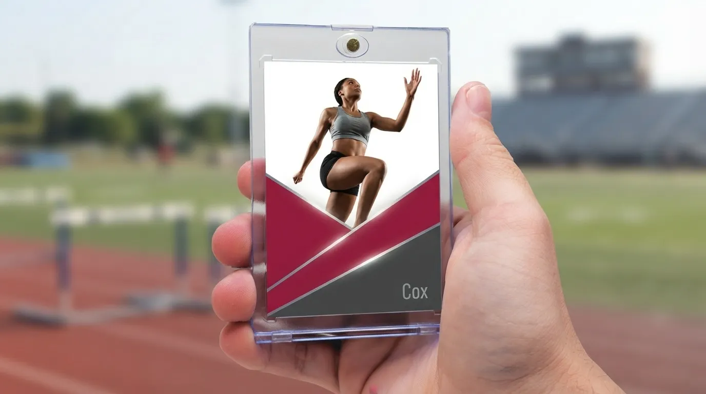 Hand holding magnetic case with cox sports photography card featuring sprinter in diagonal color-block design.