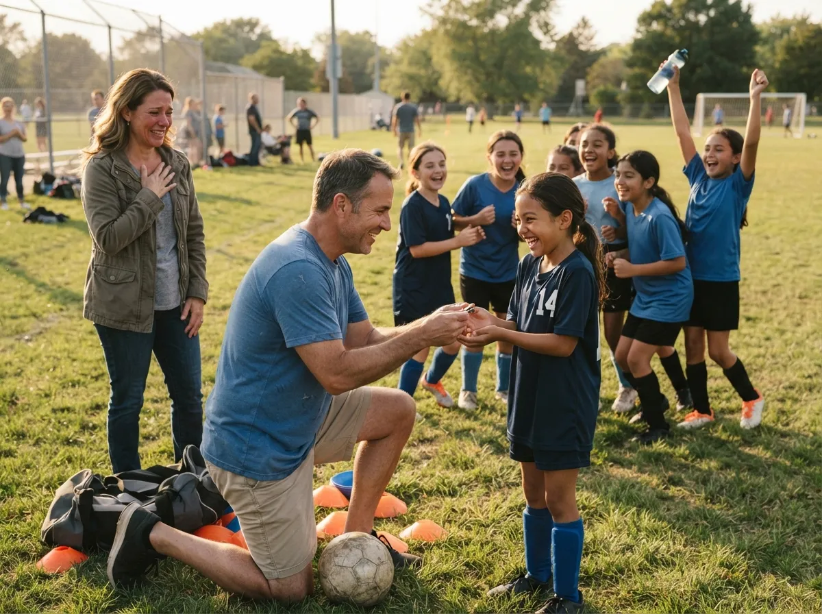 Coach and young athlete share proud emotional moment as teammates celebrate on sunny field.