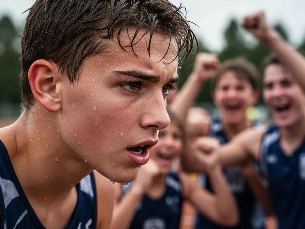 Young athlete's concentrated face during competition with supportive teammates visible in blurred background