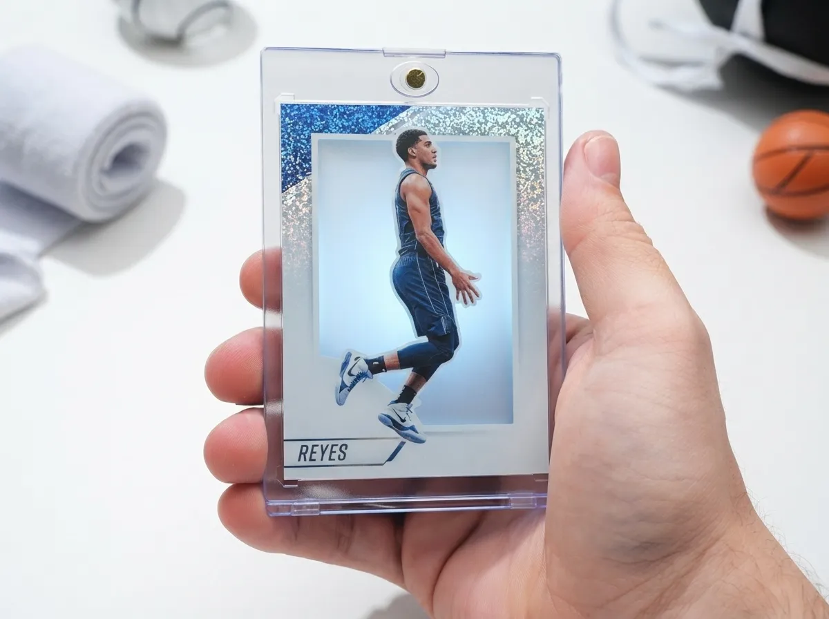 Custom sports trading card in magnetic case showing icy blue refractor basketball design.