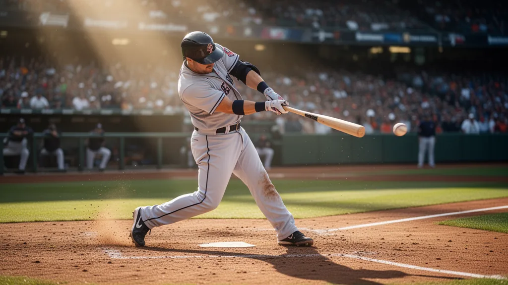 Baseball player swinging bat at pitch during daytime stadium game with natural lighting