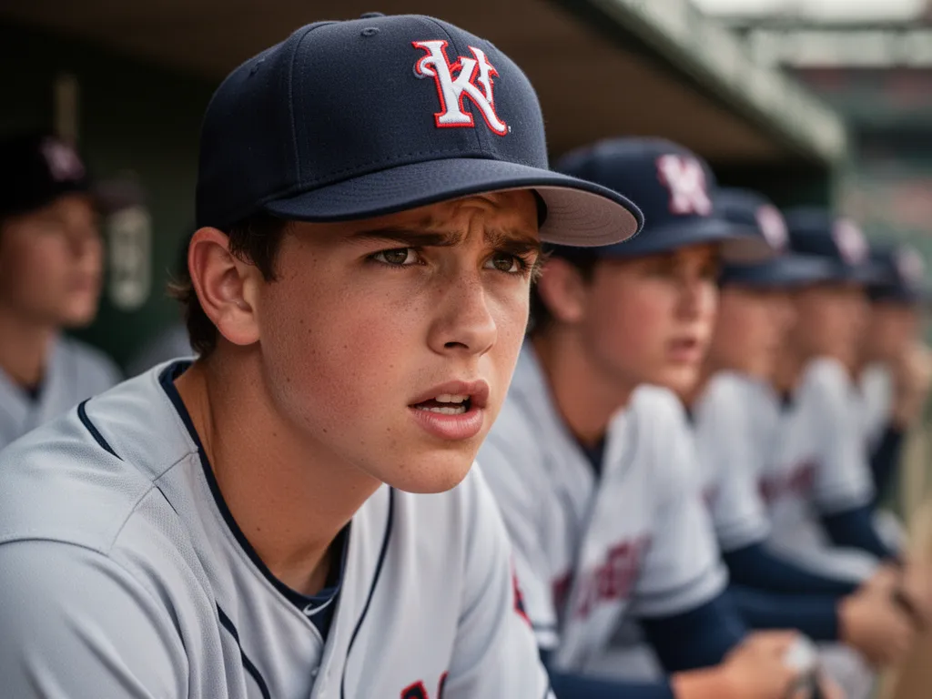 Young baseball player displaying focused expression while sitting in dugout during game