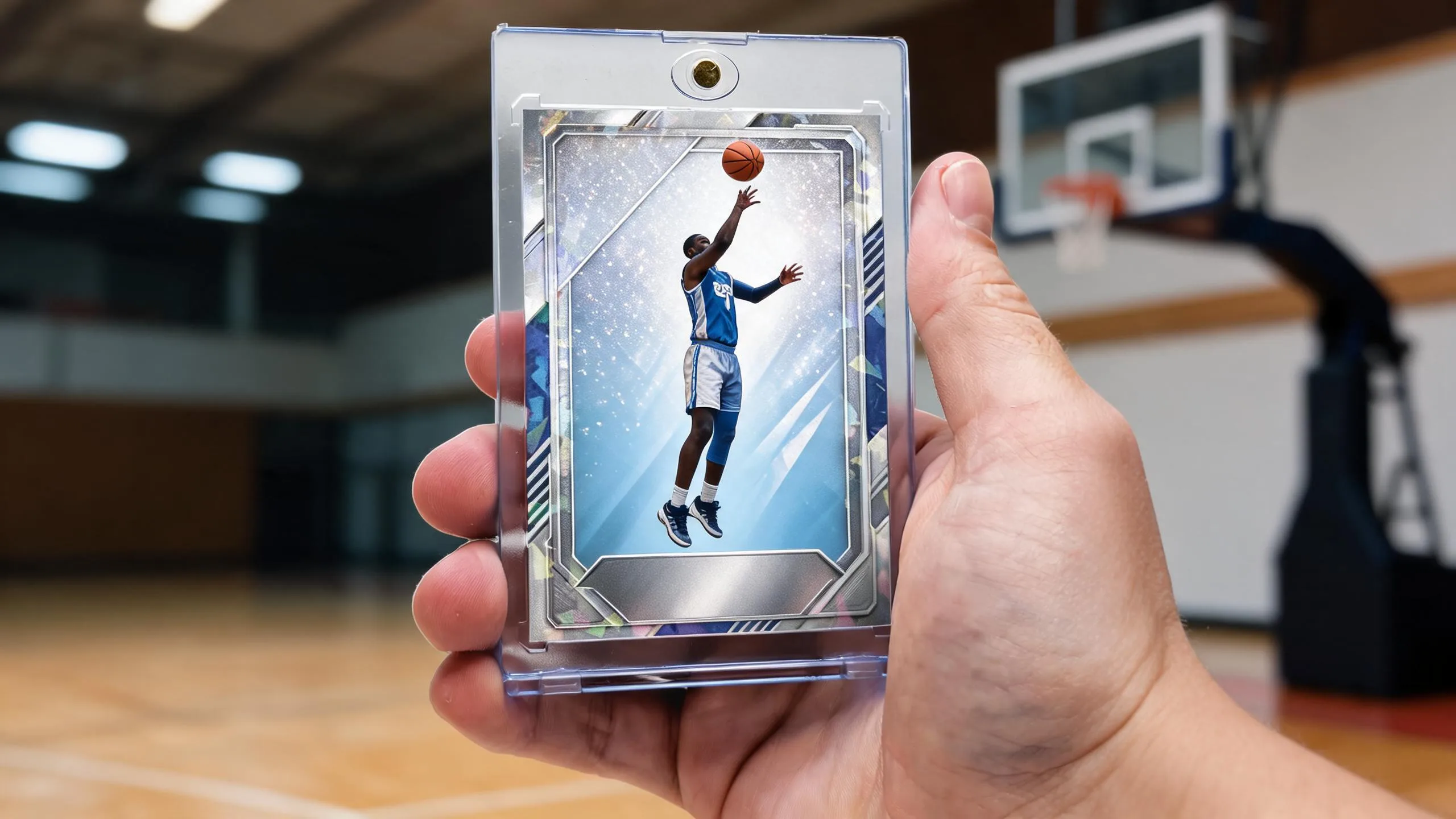 Hand holds magnetic case to create a basketball card with icy silver-blue refractor player design.