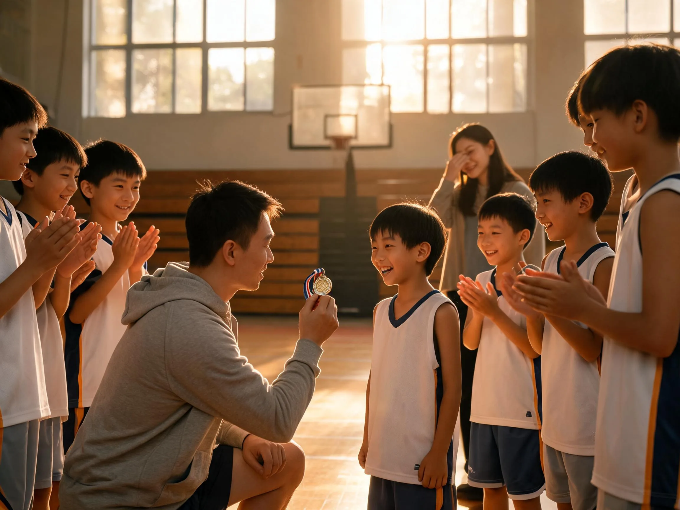 Coach and young athlete share a proud emotional moment on a sunlit basketball court.