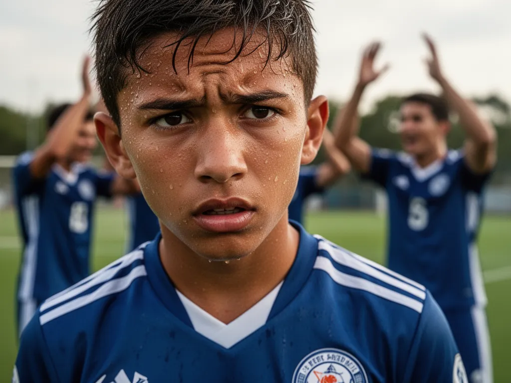 Young soccer player showing determination and focus during team training session with celebrating teammates