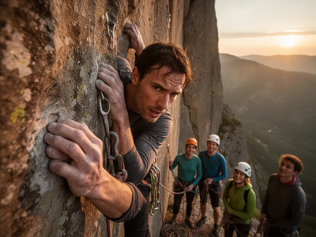 [Close-up of climber's intense expression and hands gripping rock with supportive teammates visible]