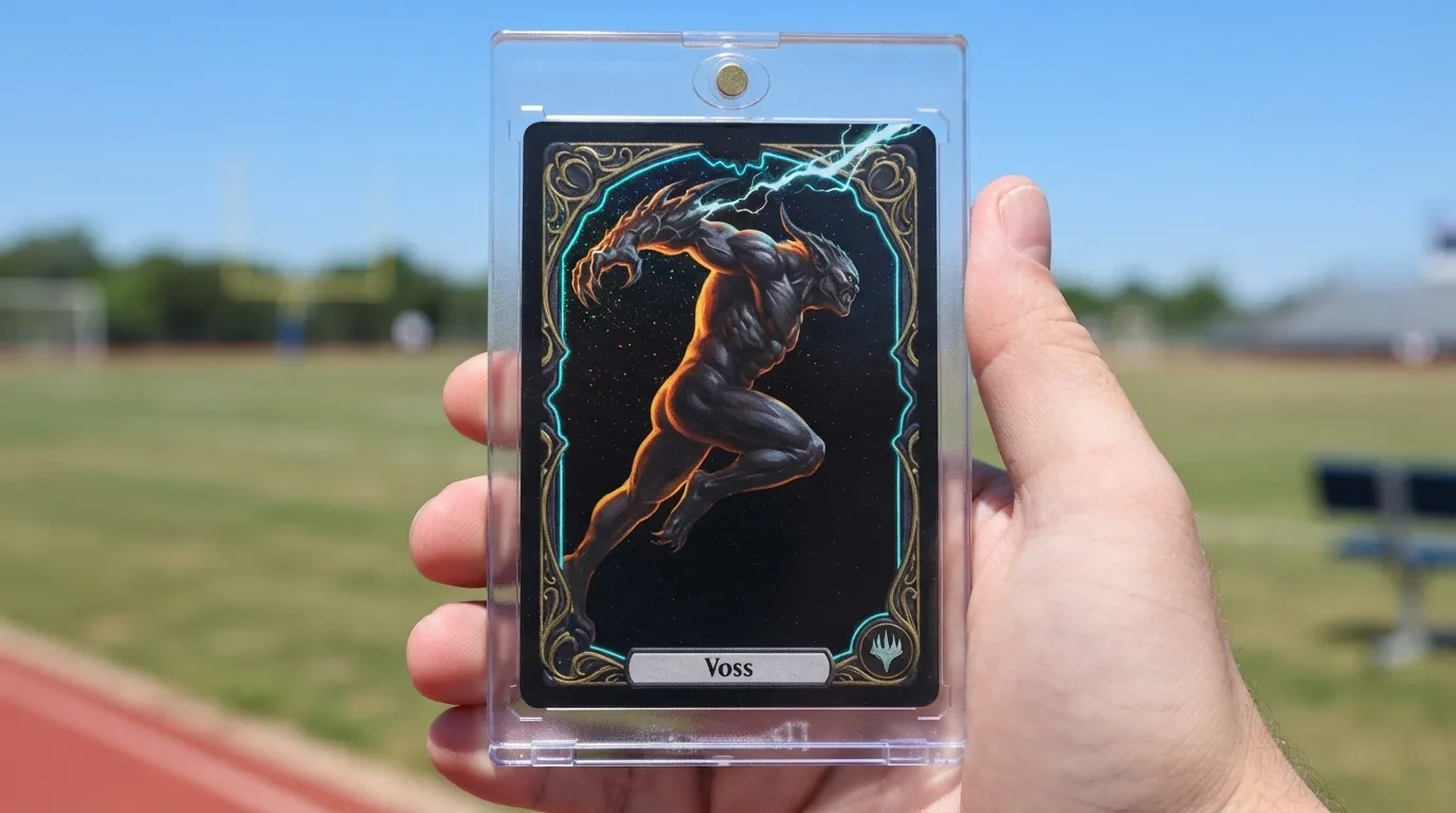 Hand holds magnetic case with create a pokemon card design, neon-rimmed creature card, sunny field background.