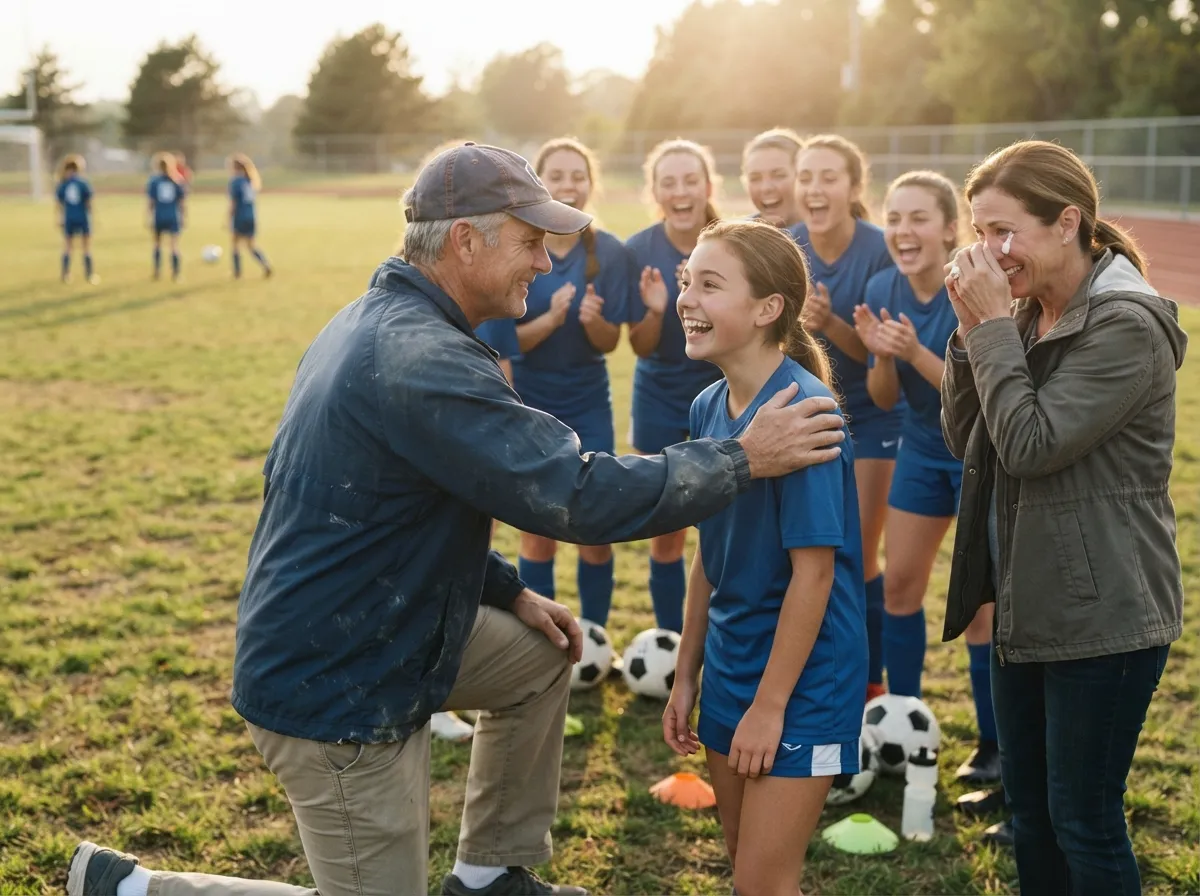 Coach and cheering teammates celebrate with young athlete on sunny sports field, emotional moment.