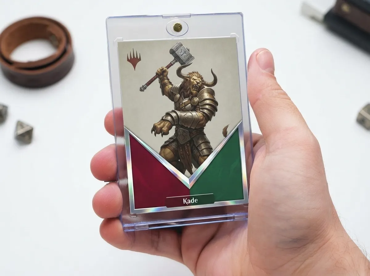 Custom sports trading card in magnetic case, diagonal crimson-green chrome frame, beast-warrior artwork.