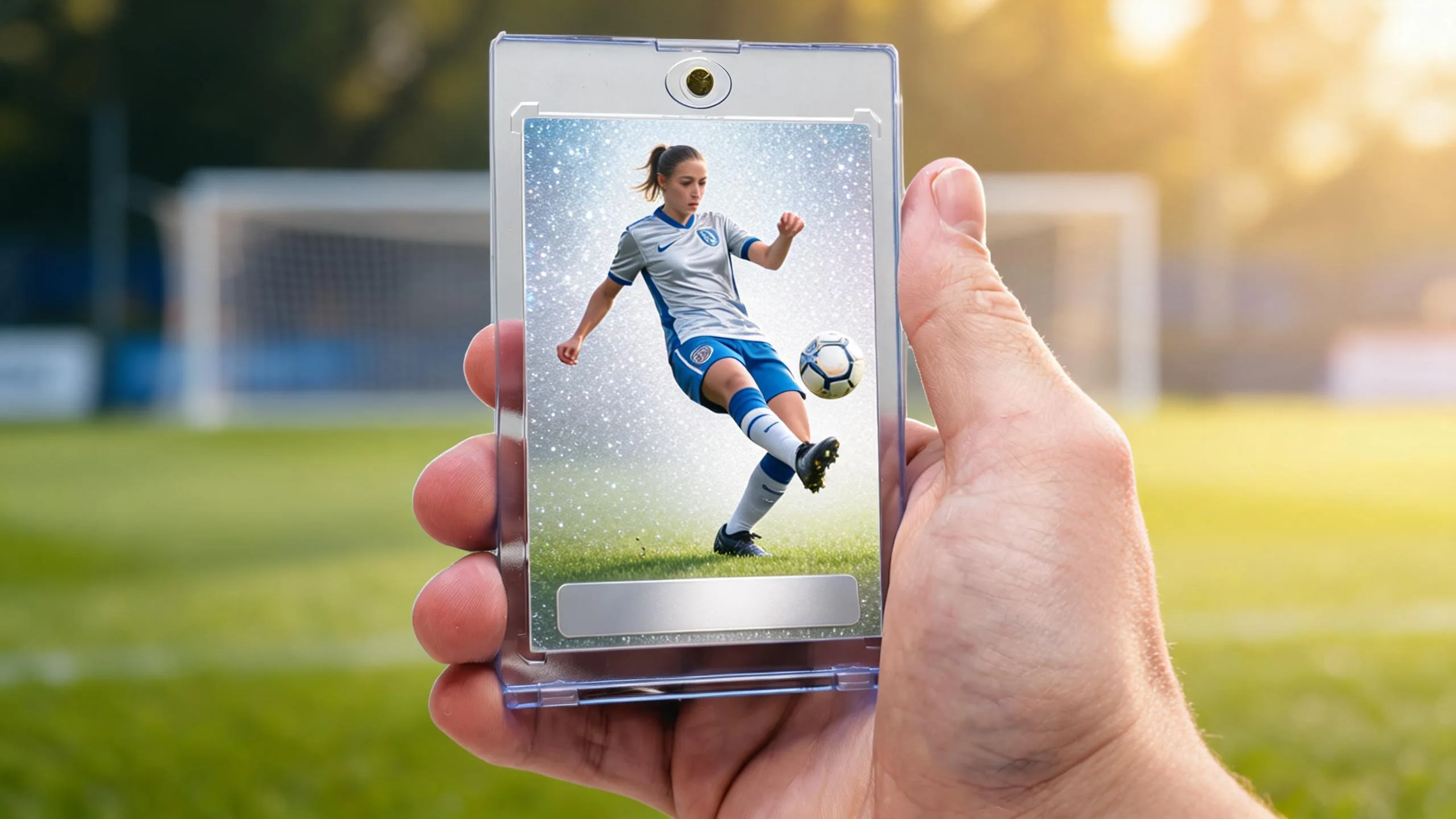 Hand holding magnetic case to create a soccer card, silver-blue refractor design, golden sunlight.