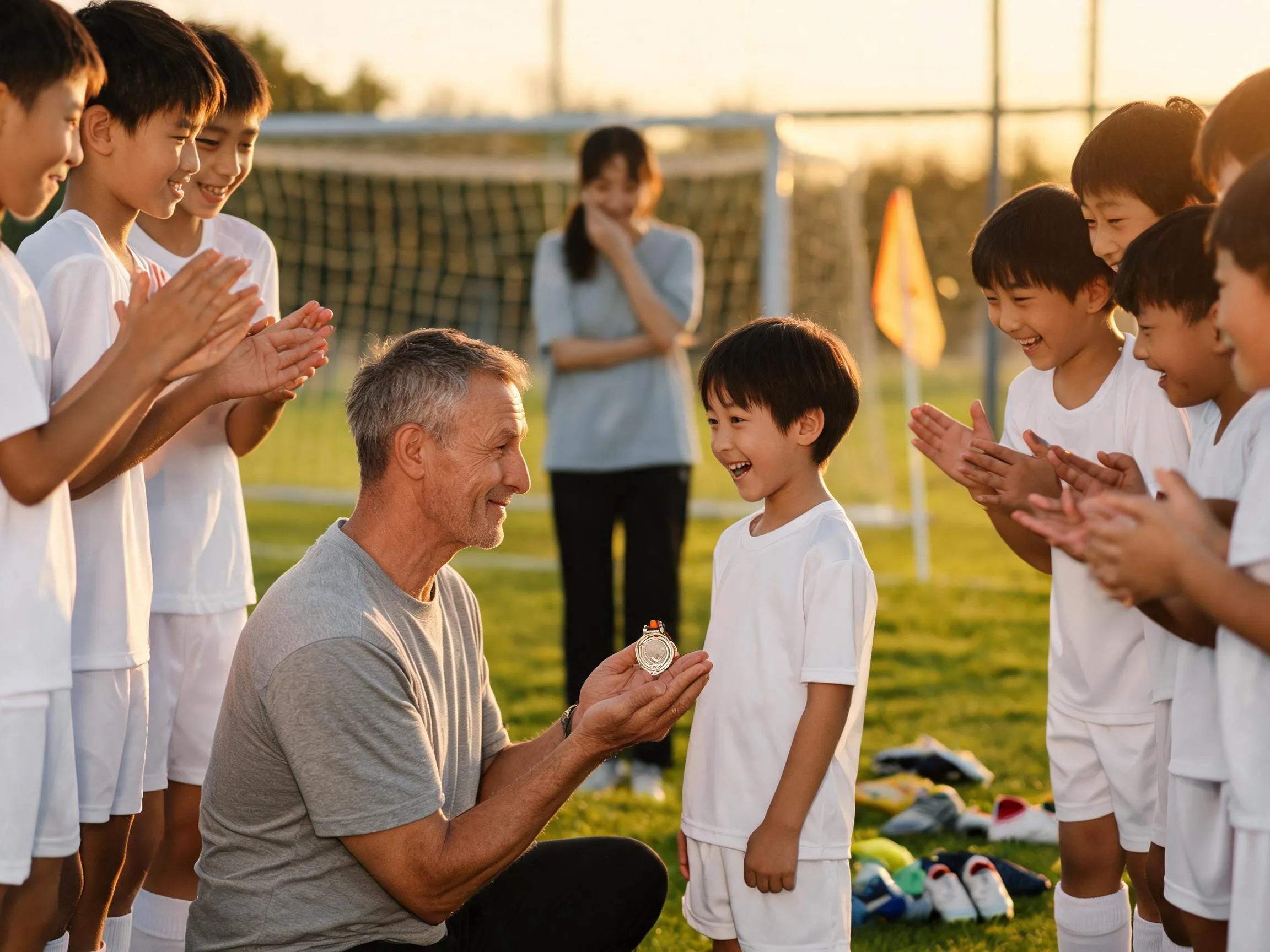 Coach and young soccer player share a proud, emotional team celebration moment.
