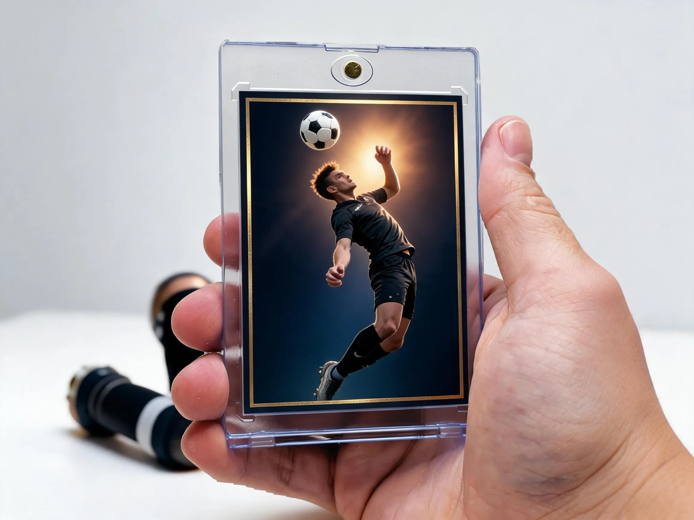 Custom soccer trading card in magnetic case, stadium-night gold and amber design.