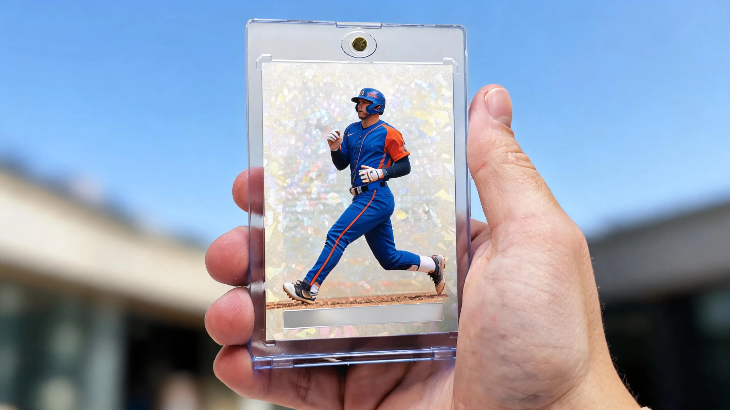 Hand holding a magnetic case to create a trading card with a blank foil bar, blue sky background.
