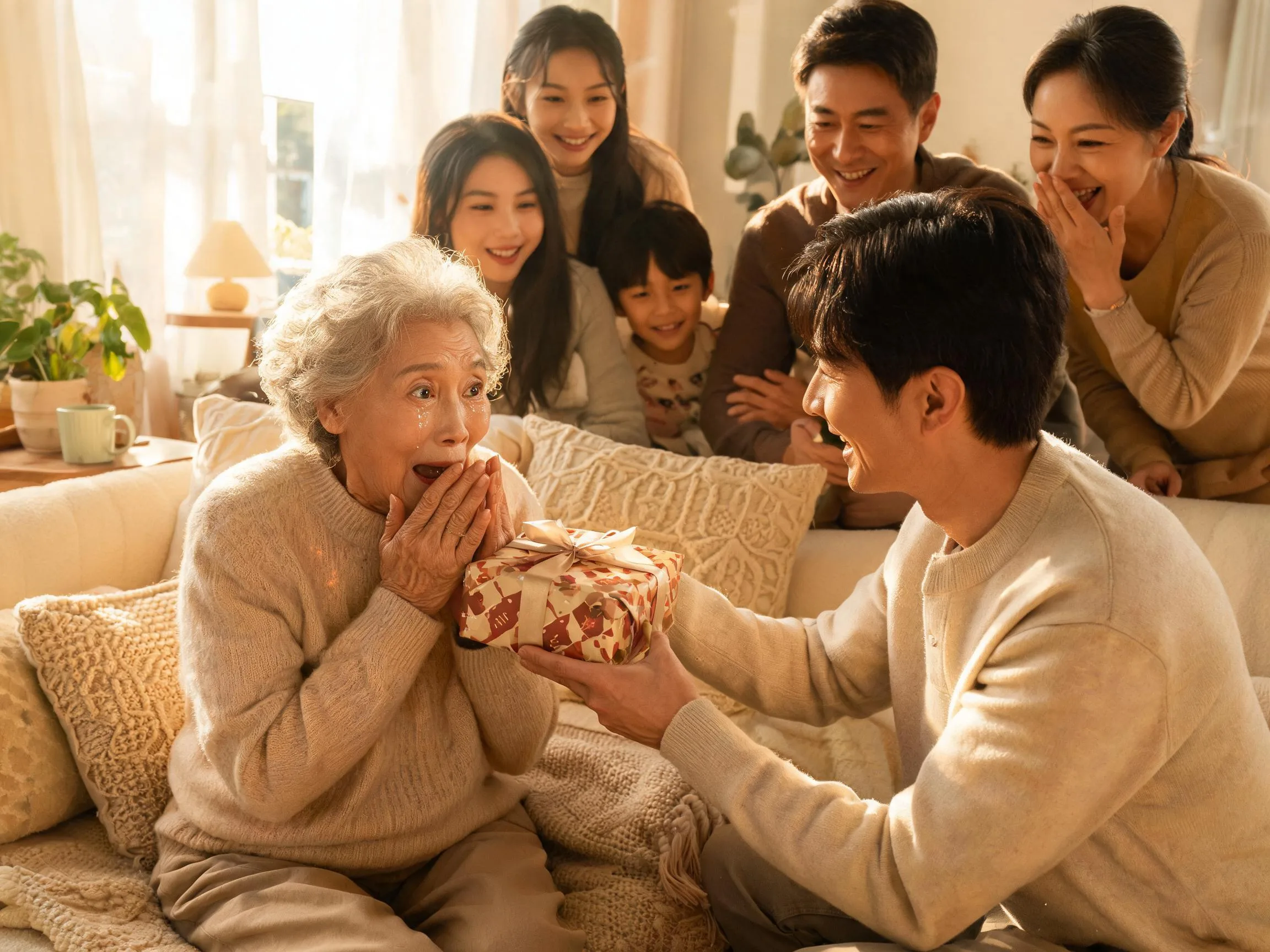 Elderly person reacting with joyful surprise to an unexpected gift from family, warm light.