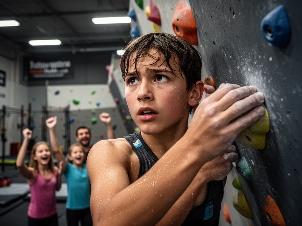 Young climber concentrating intensely while gripping a climbing wall with supportive family watching below