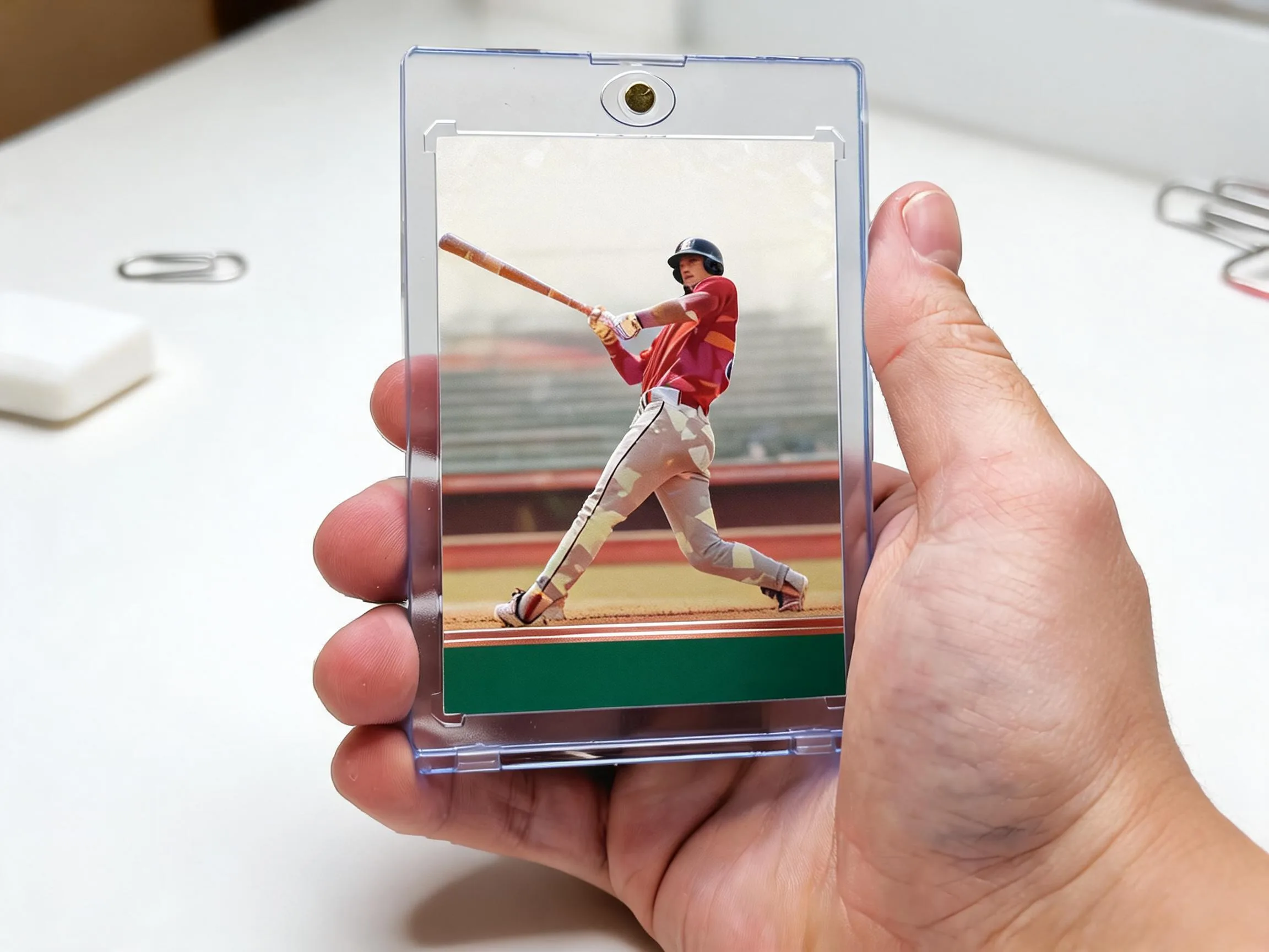 Custom keepsake trading card in a magnetic case with blank green footer band on tabletop.