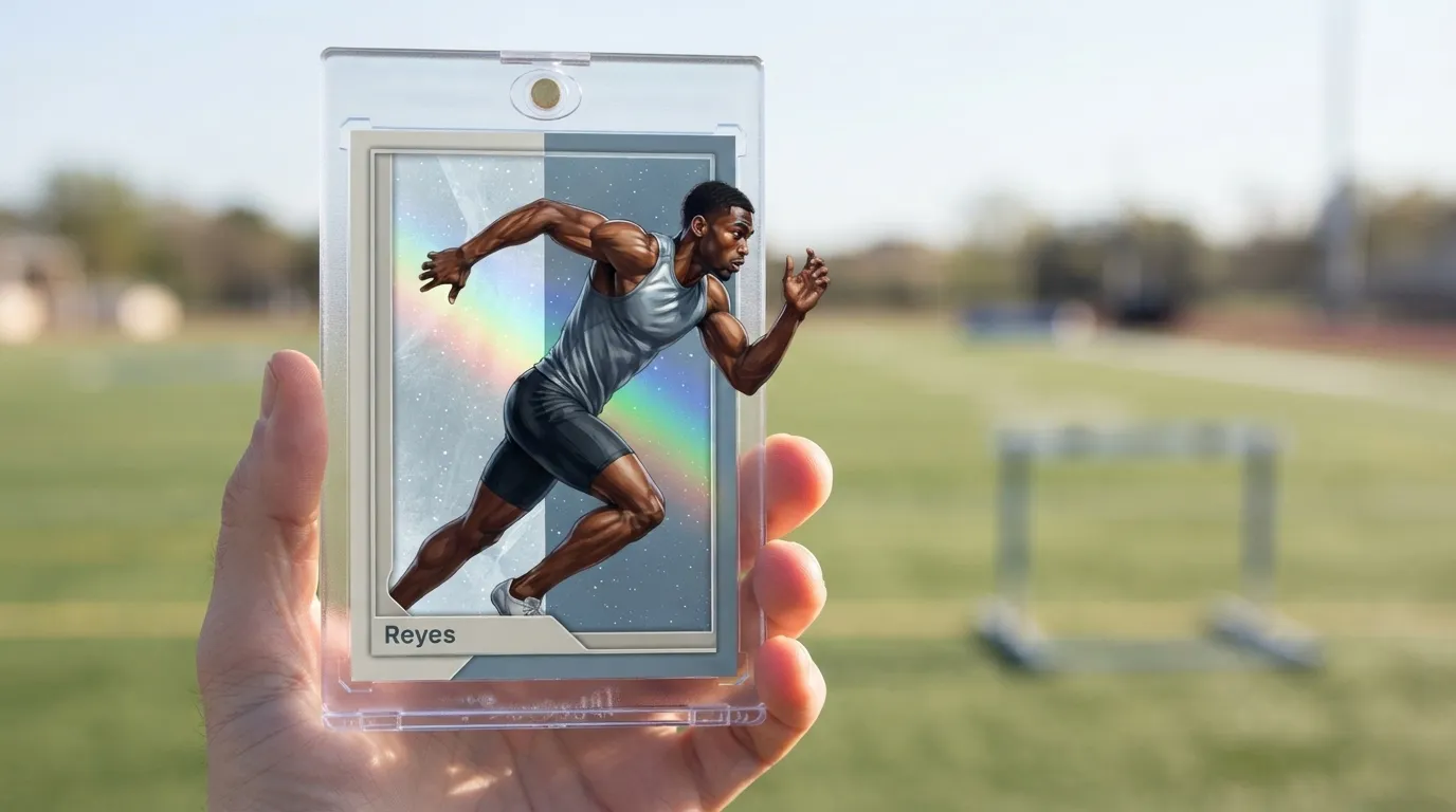 Hand holding magnetic case with icy blue refractor card, create an image retro sports card online free.