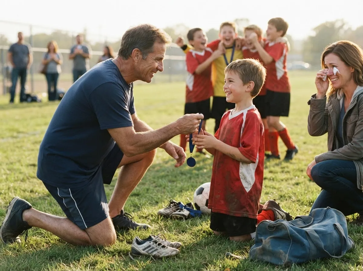 Coach and beaming young athlete share a proud moment on a sunlit sports field.
