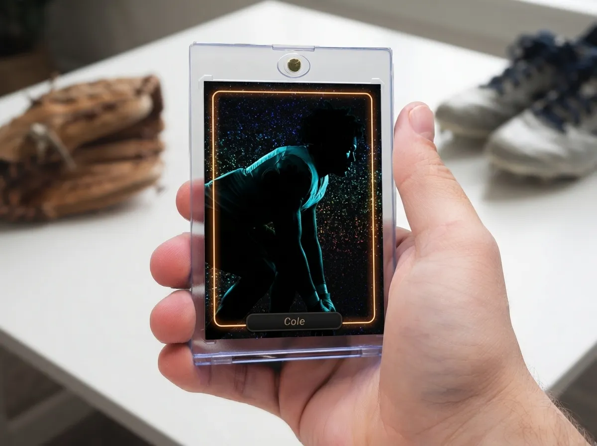 Hand holding magnetic case with dark neon-rimmed custom sports trading card inside.
