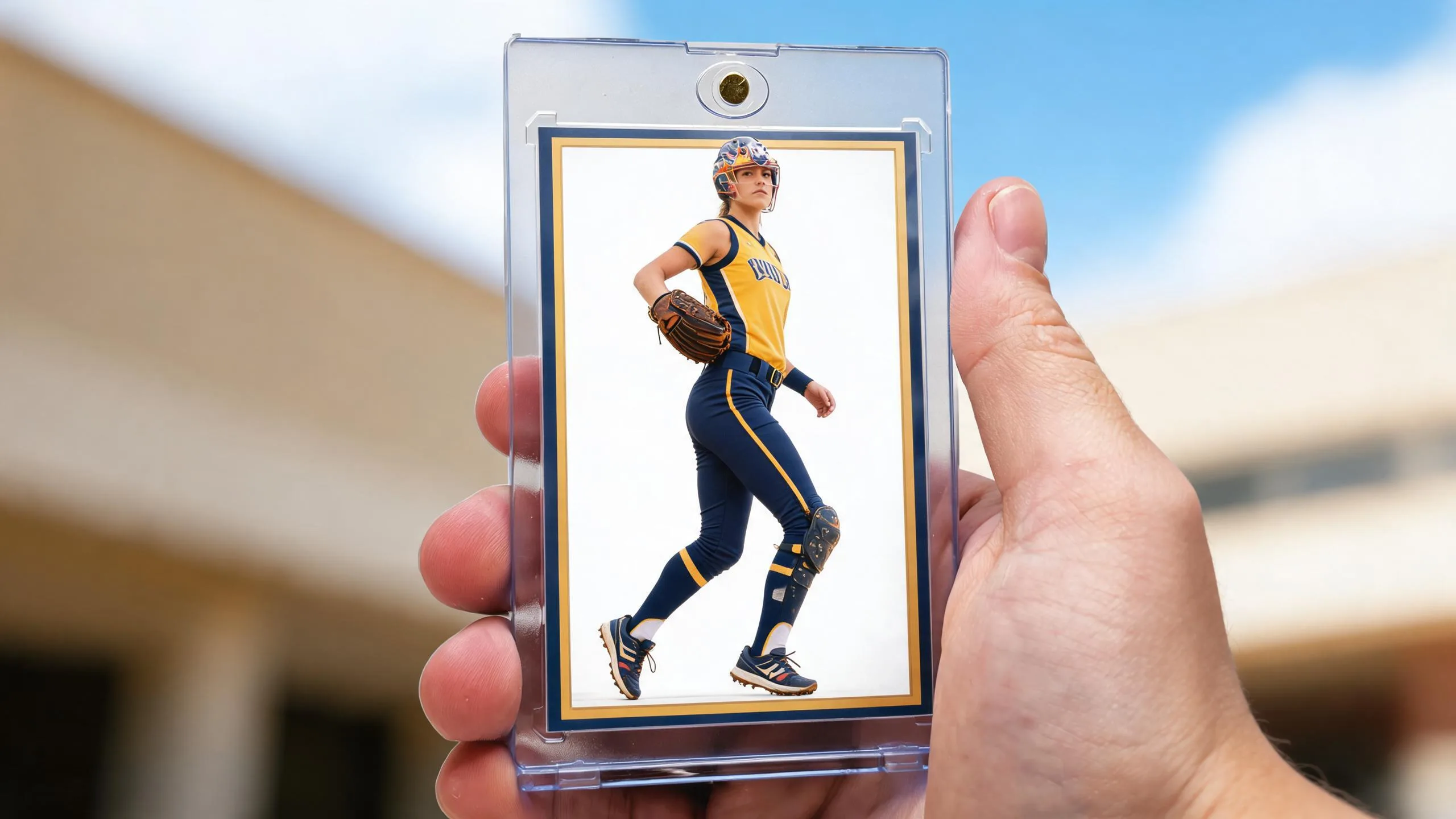 Hand holding a magnetic case with a create an image retro sports card design outdoors