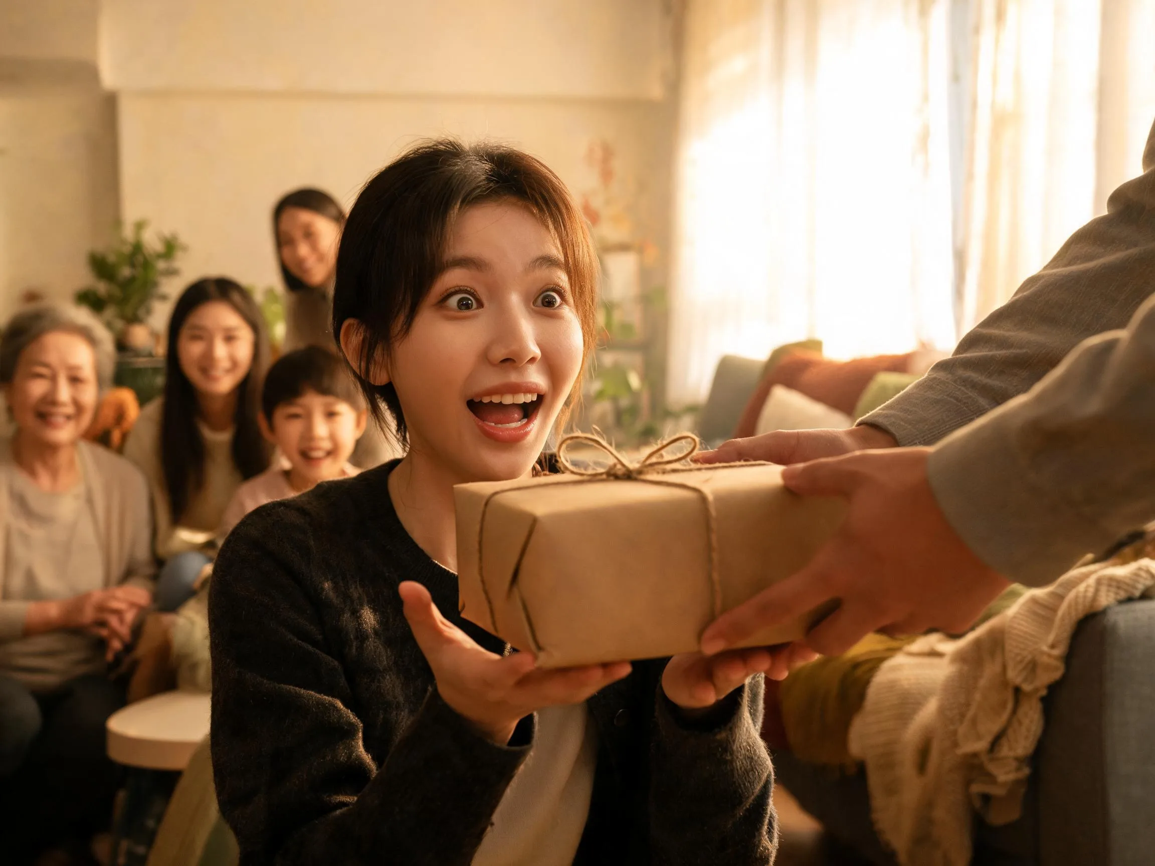 Family member reacting with genuine surprise while being handed an unexpected gift