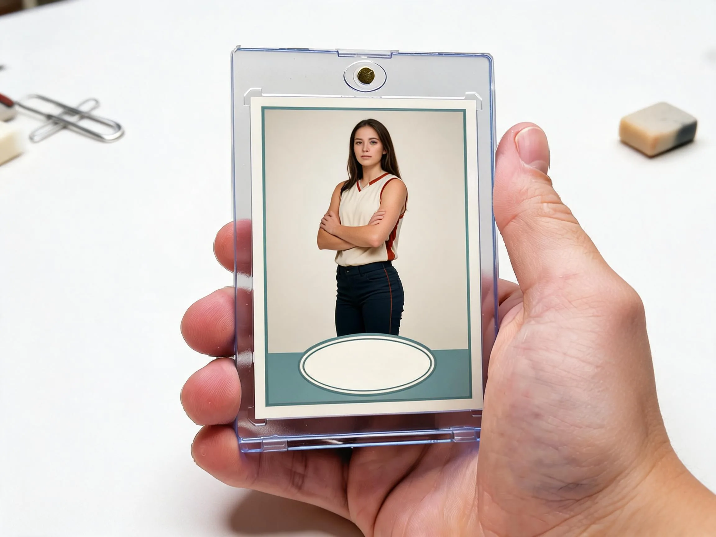 Custom keepsake trading card in a magnetic case displayed on a white tabletop