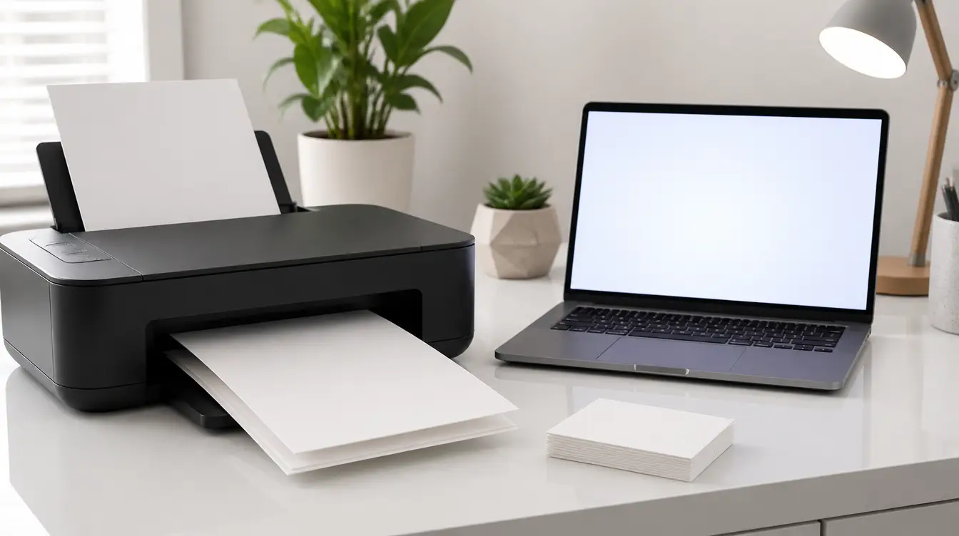 Blank cards emerging from a home printer beside a laptop