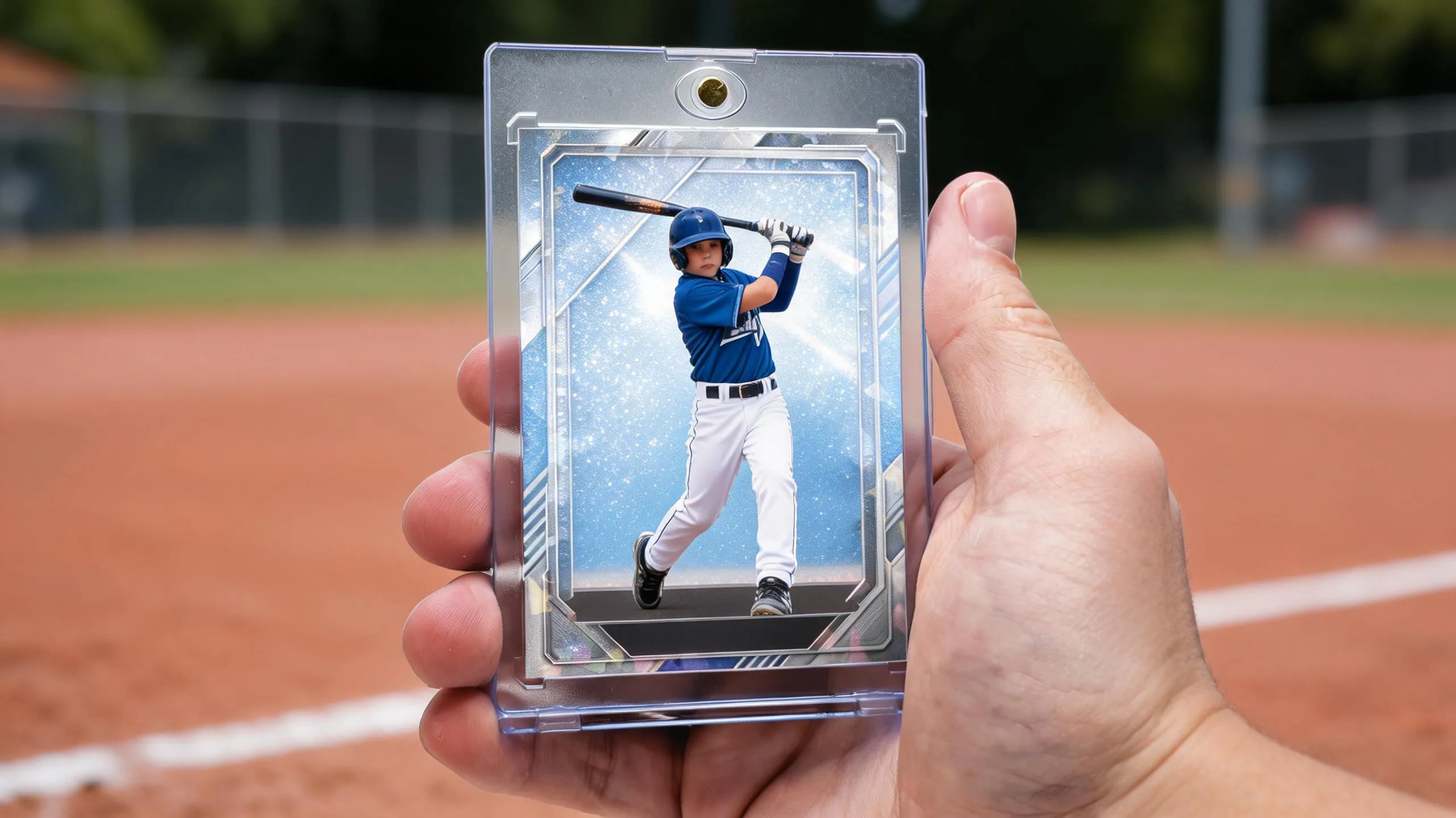 Hand holds magnetic case with custom kids' baseball card — create baseball cards for kids, refractor design.