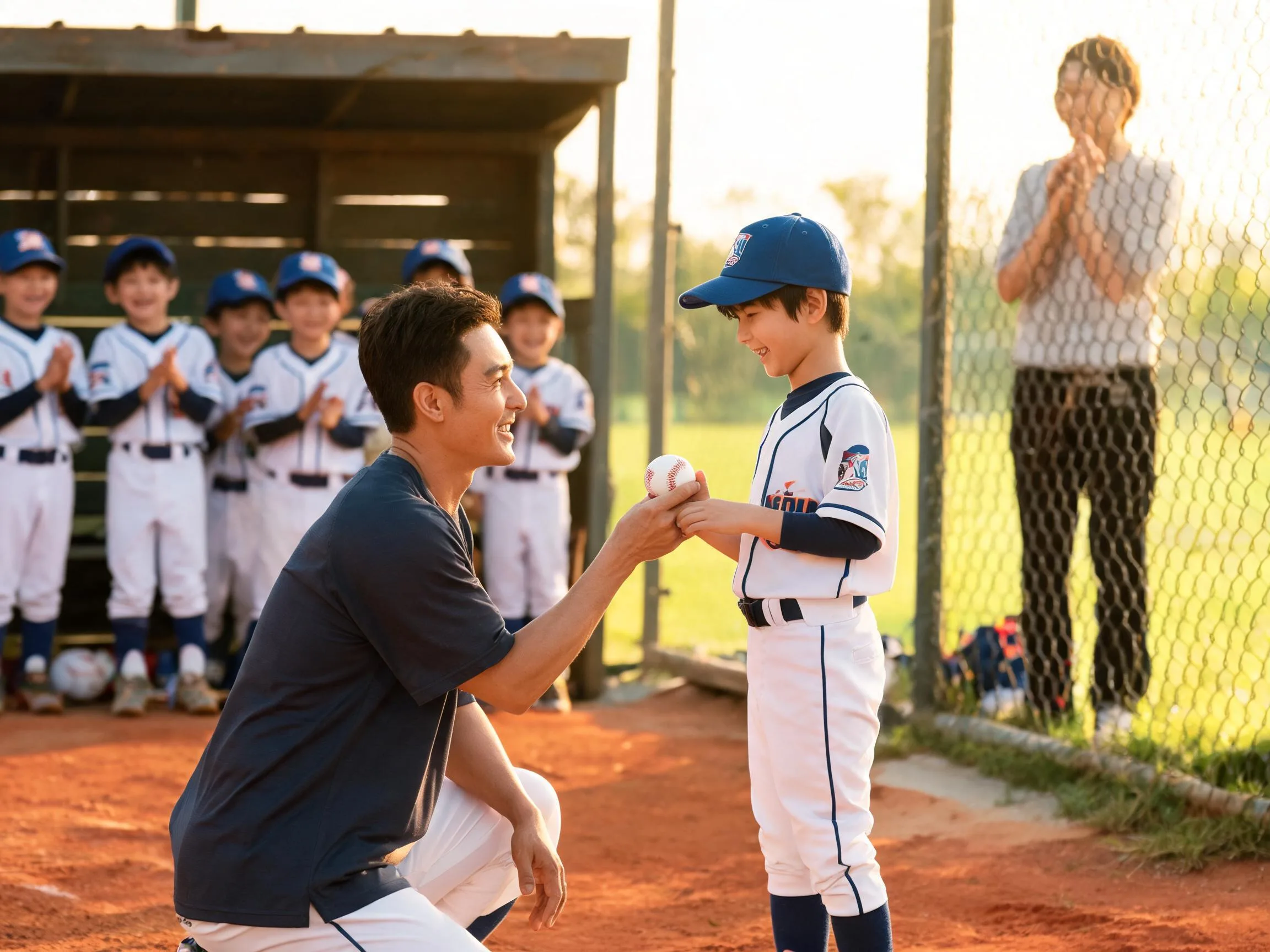 Coach and young player share a proud smiling moment at the baseball dugout fence.