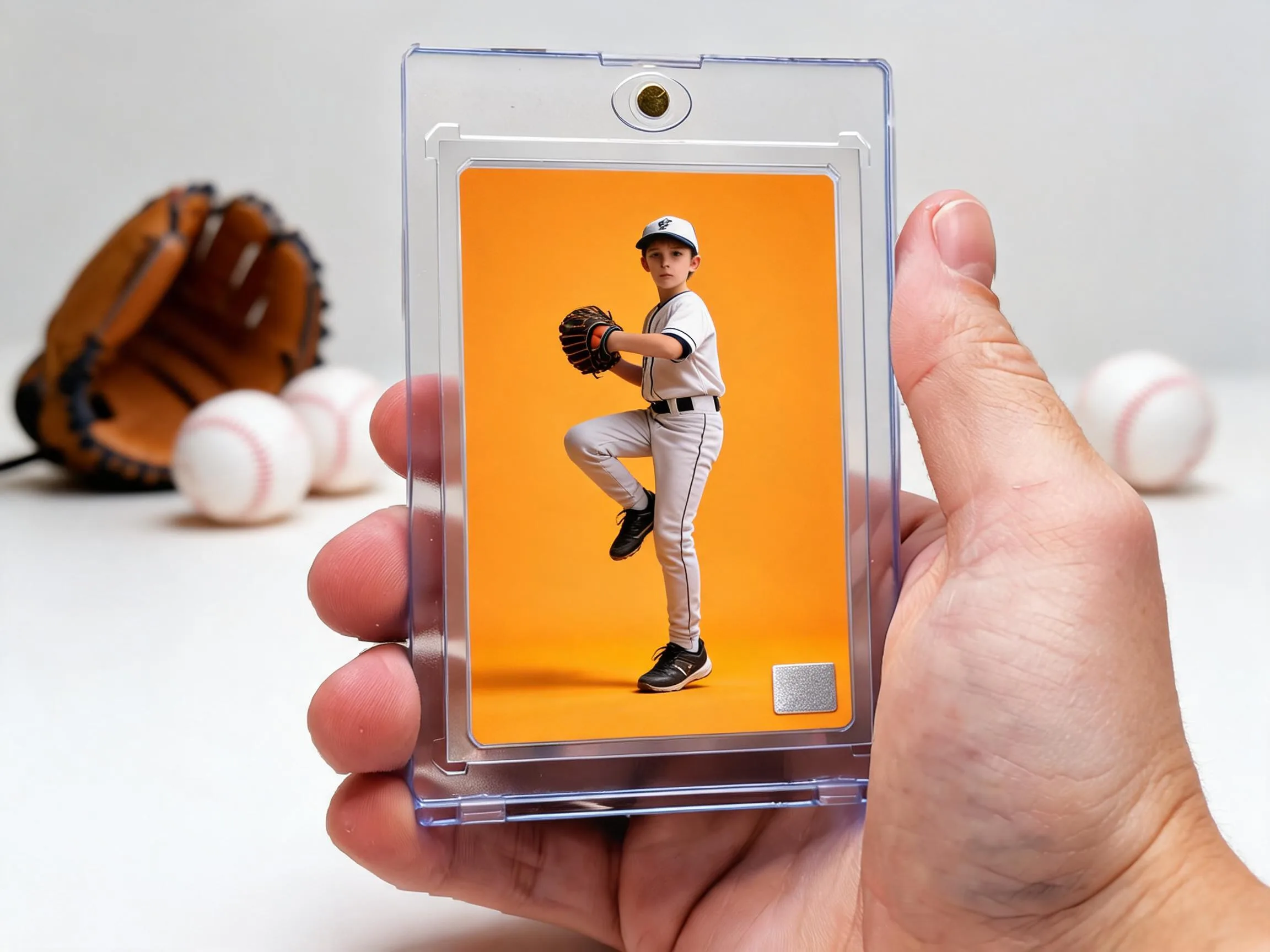 Custom baseball trading card in magnetic case, orange editorial design, pitcher pose.