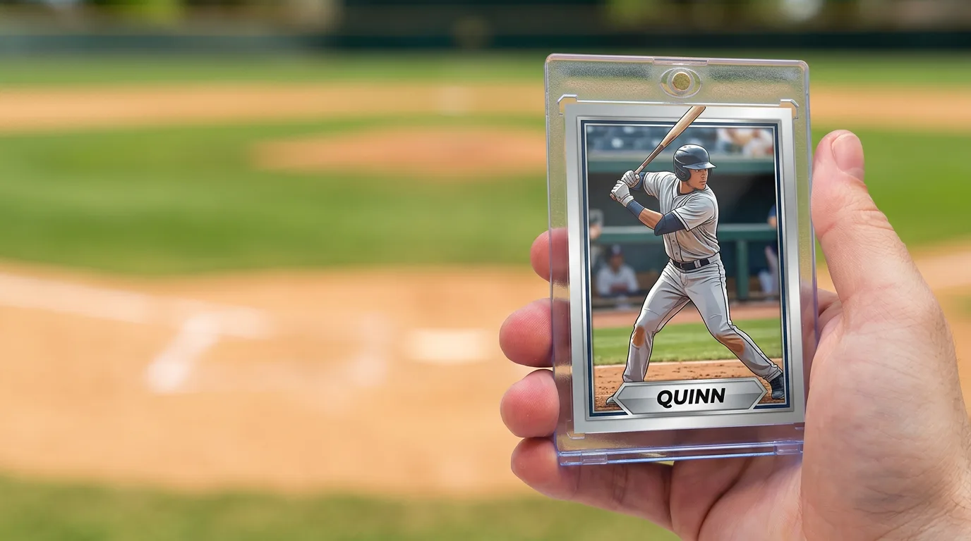 create baseball cards: a custom printed trading card in a magnetic case, held in hand