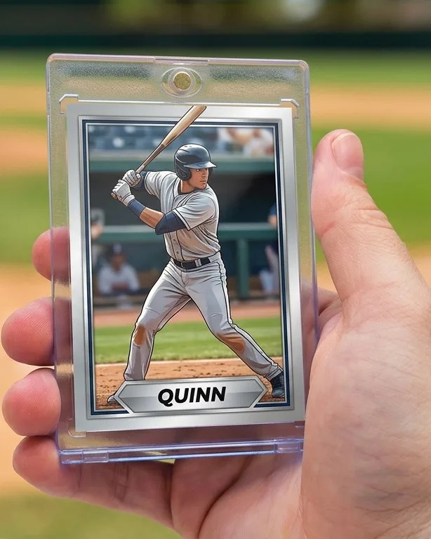 Close-up of a custom trading card in a magnetic case for create baseball cards