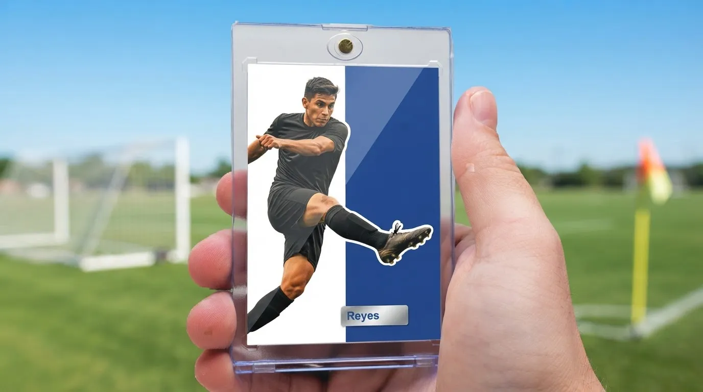 Hand holding magnetic case with create card fc mobile soccer card on sunny pitch.