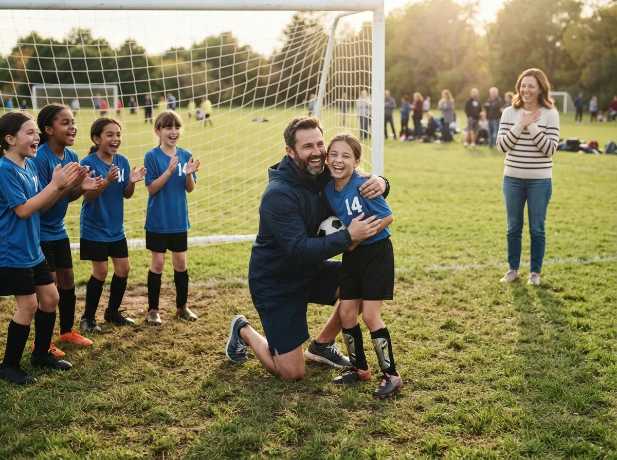 Coach embraces young soccer player near goal net as parent watches proudly.