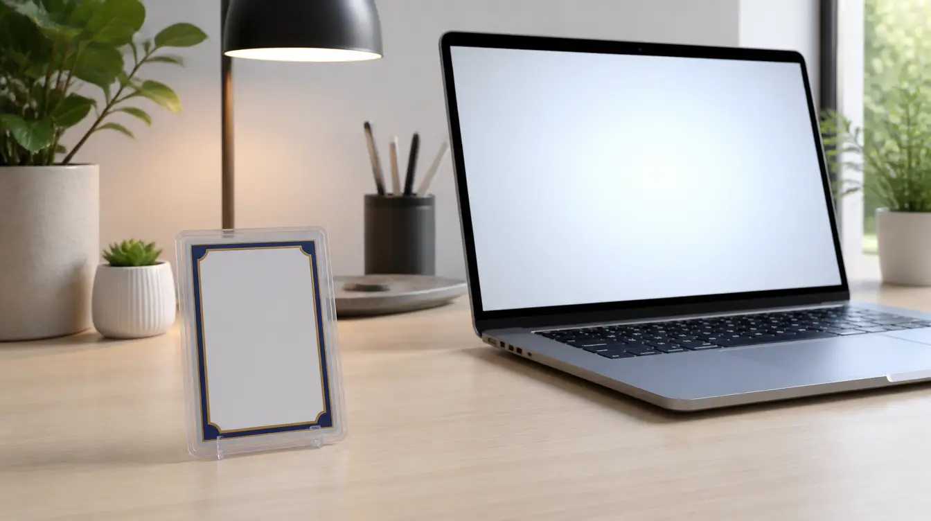 A blank trading card on a desk beside an open laptop